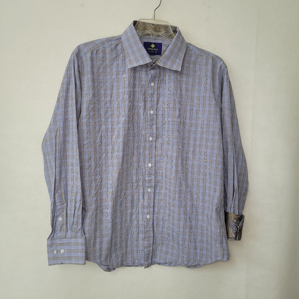 Christian Aujard Shirt Mens‎ 2XL/XXL Blue Plaid Contrast Turn Cuff Office Preppy